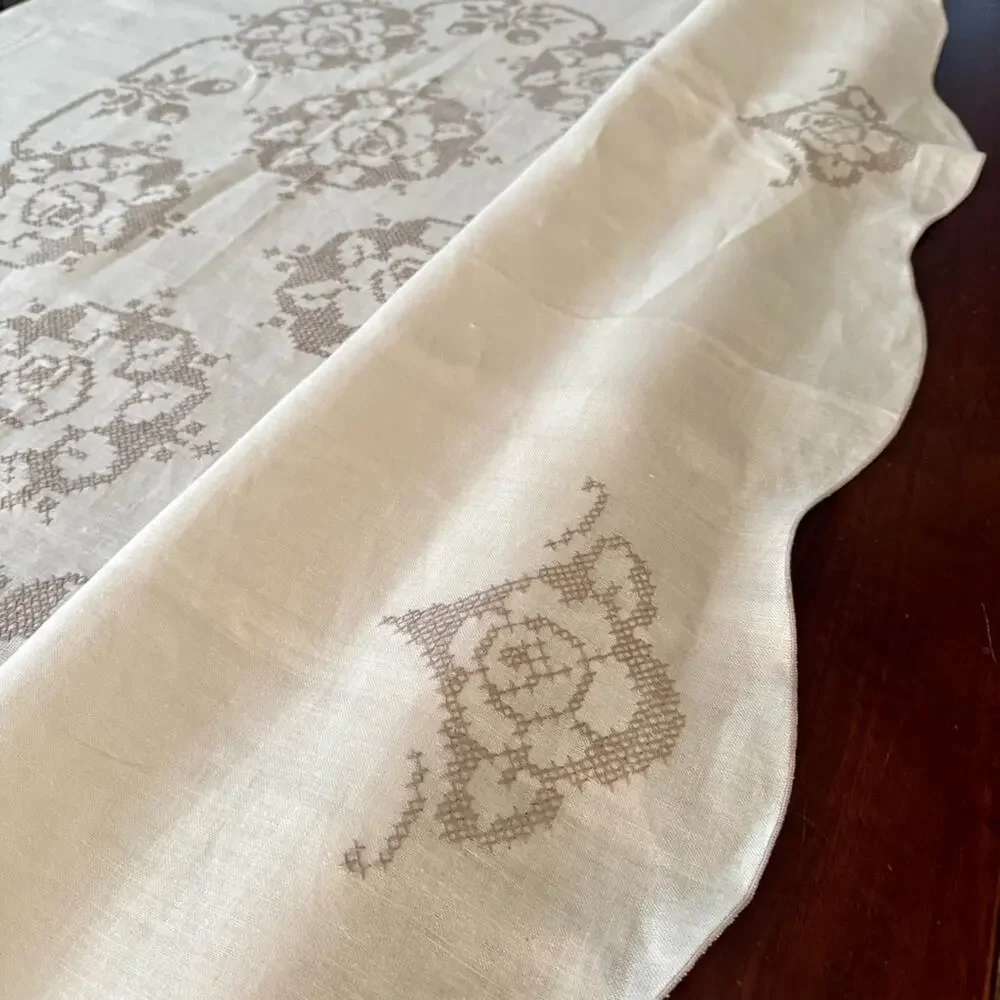 Vintage Tablecloth Cross Stitch Linen Hand Embroidered Scalloped Rectangle 88”